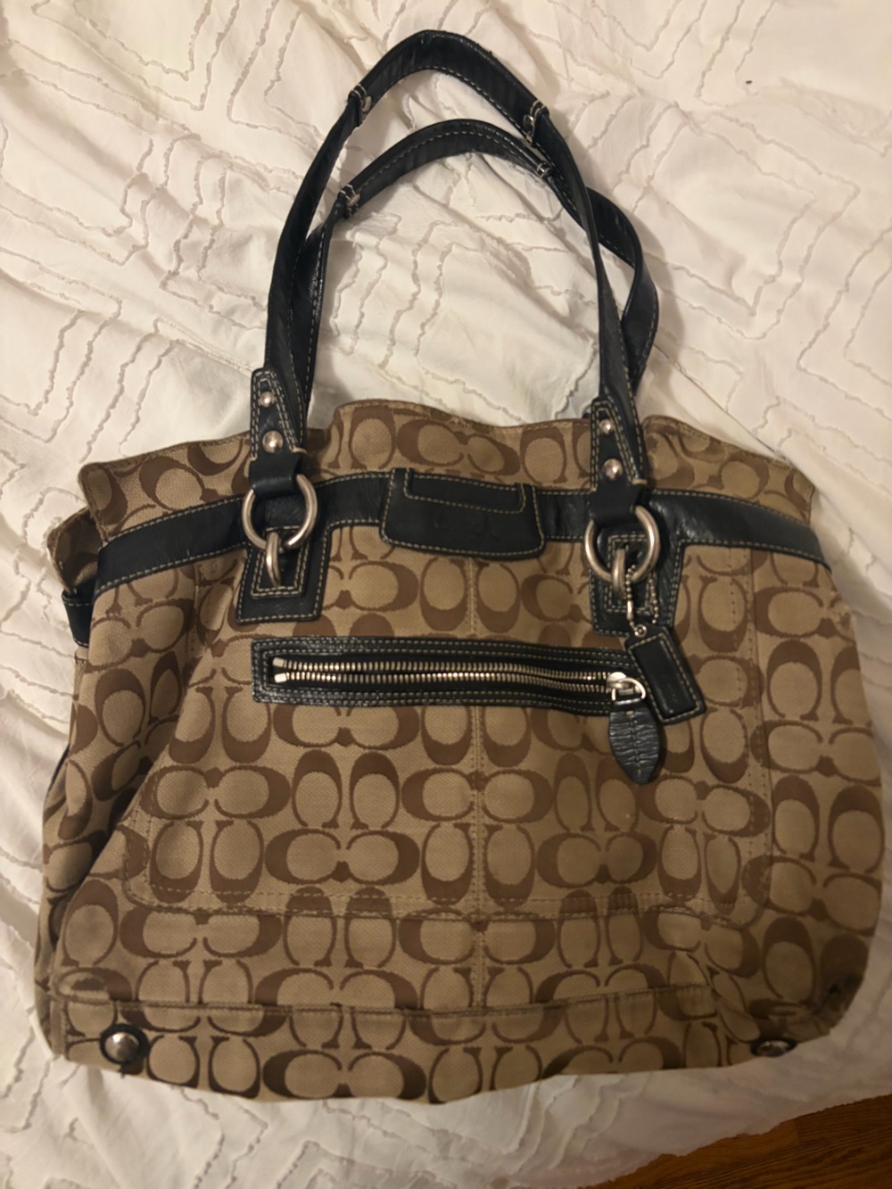 Vintage Coach Tan Monogram Canvas Tote Bag with Black Trim and Silver Hardware